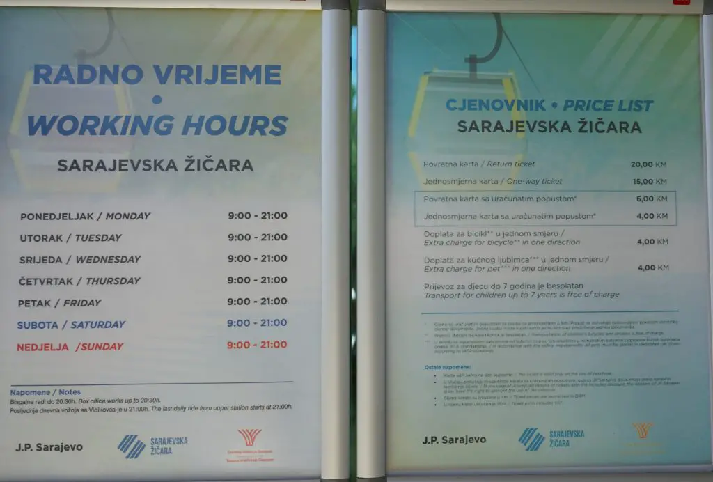The time-table of the cable car hours