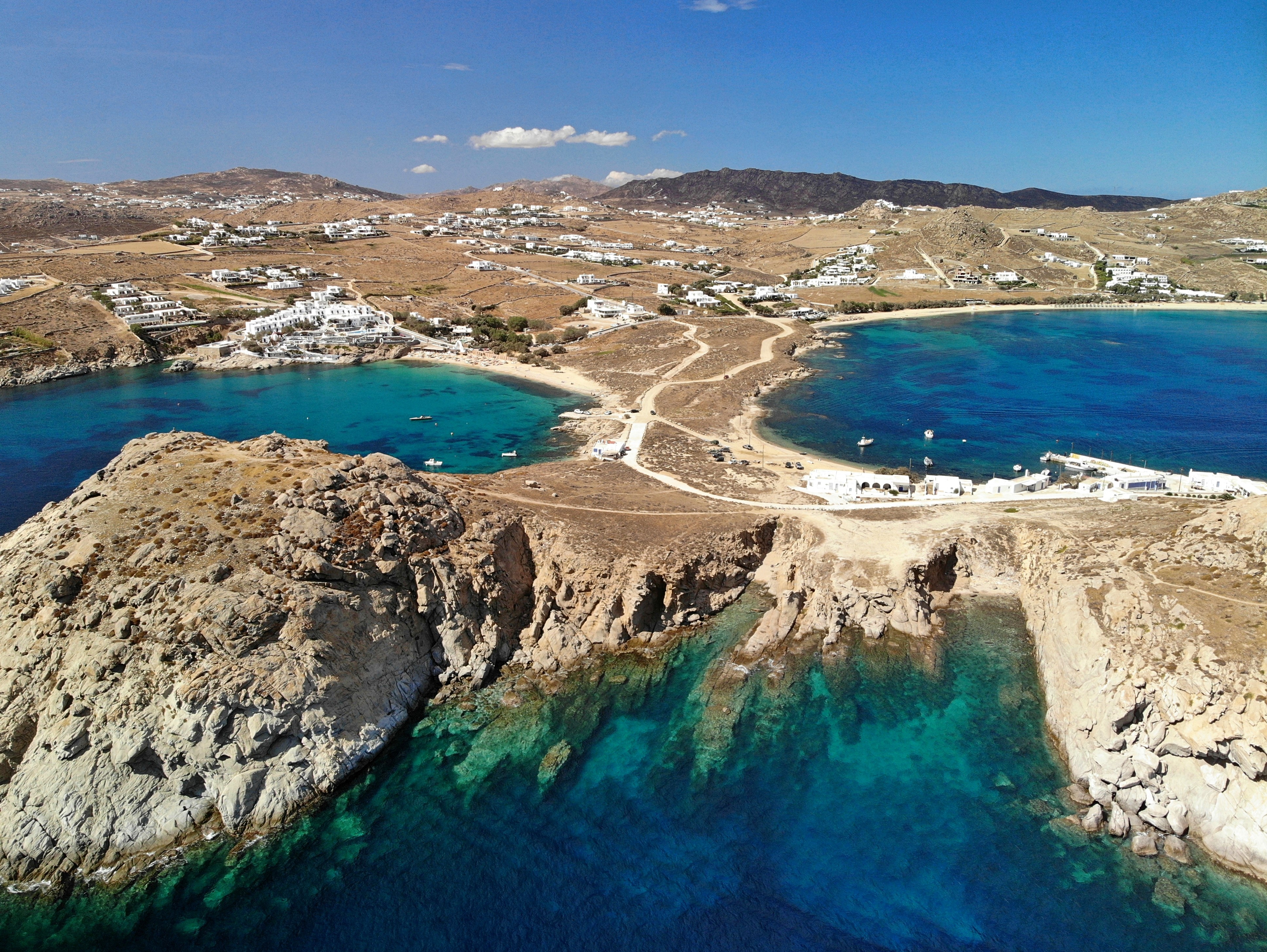 Drone picture, on the left is Agia Anna beach and on the right is Kalafati beach