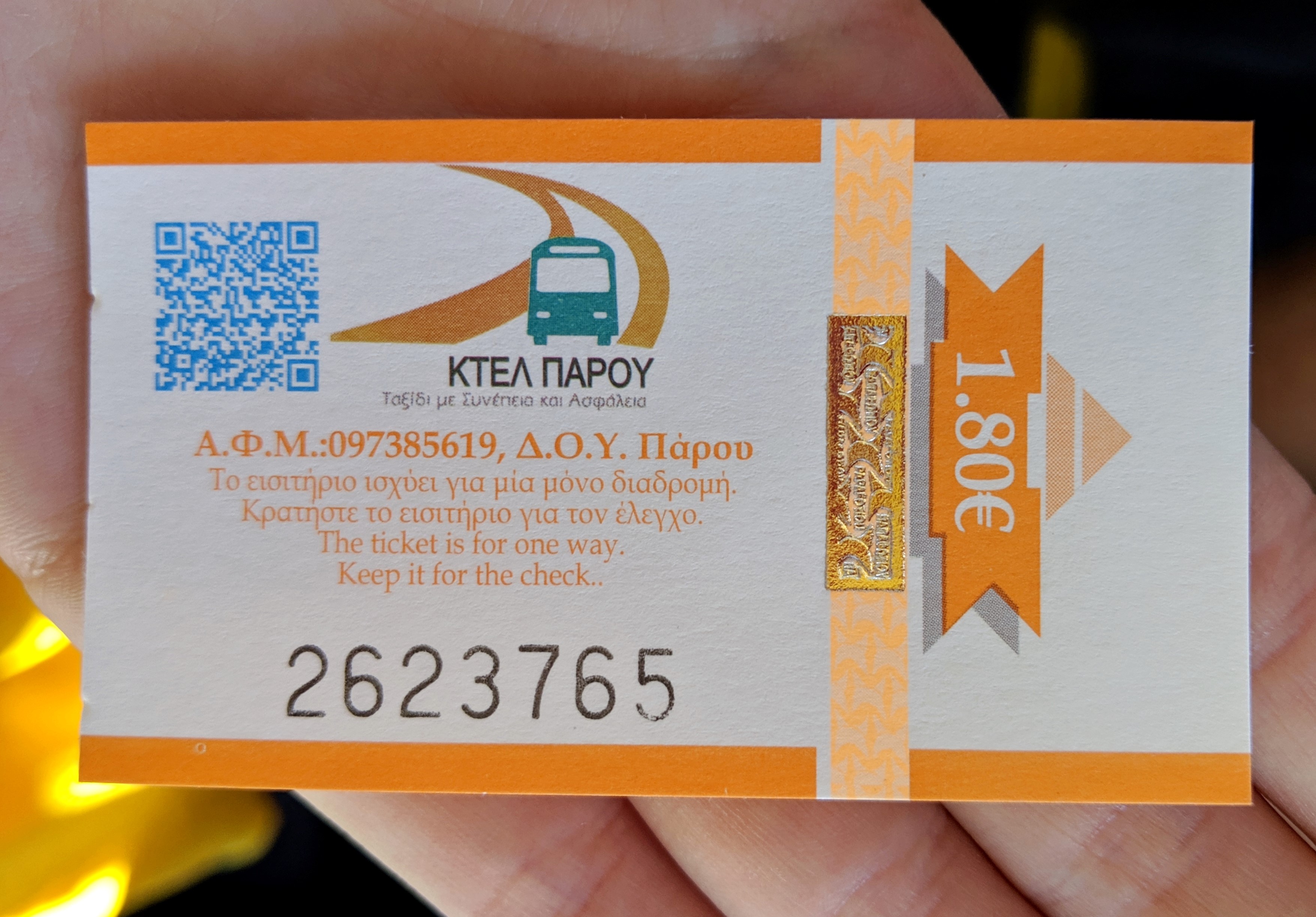 Bus ticket on Paros island