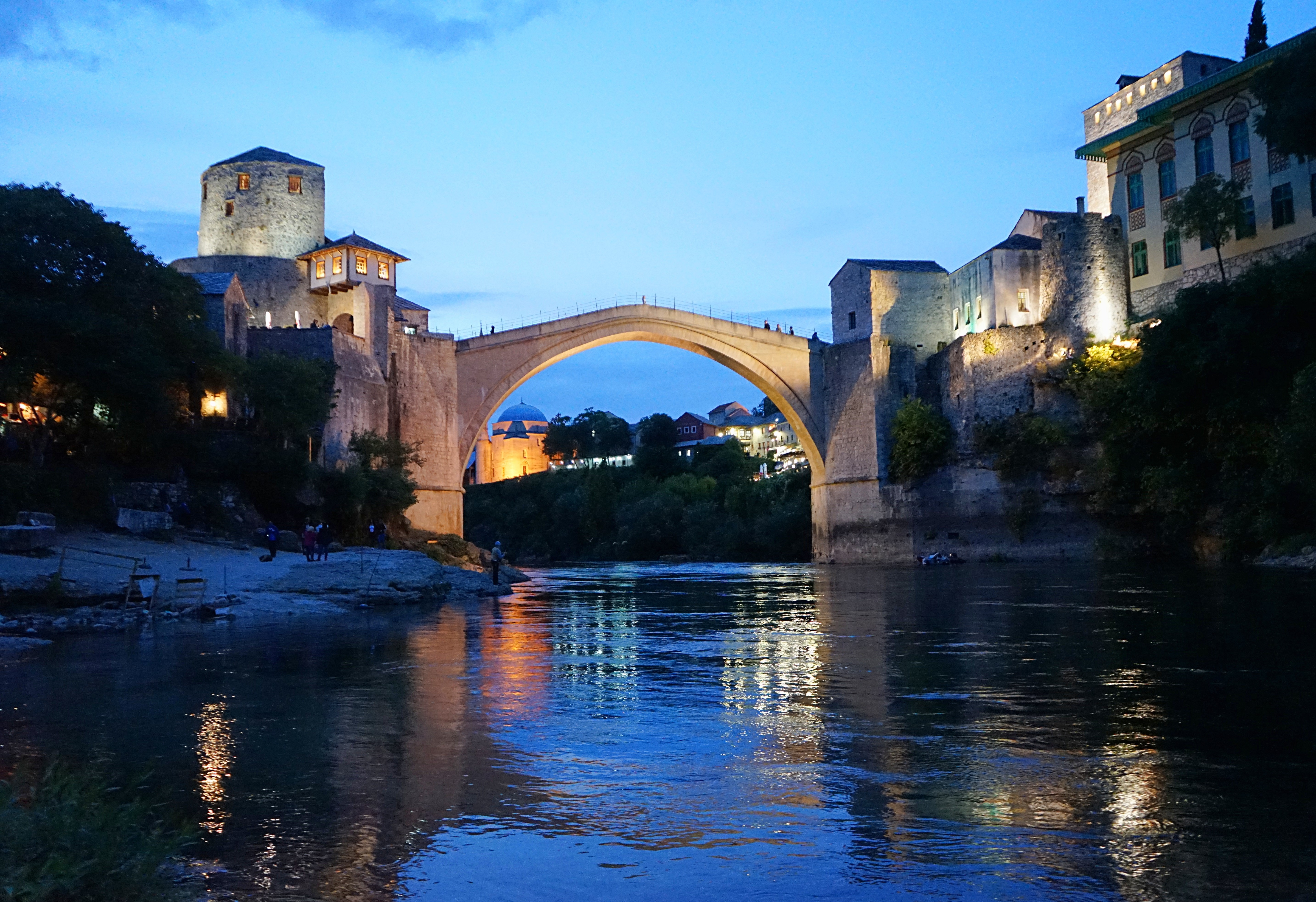 The view of the Old Bridge in Mostar at night