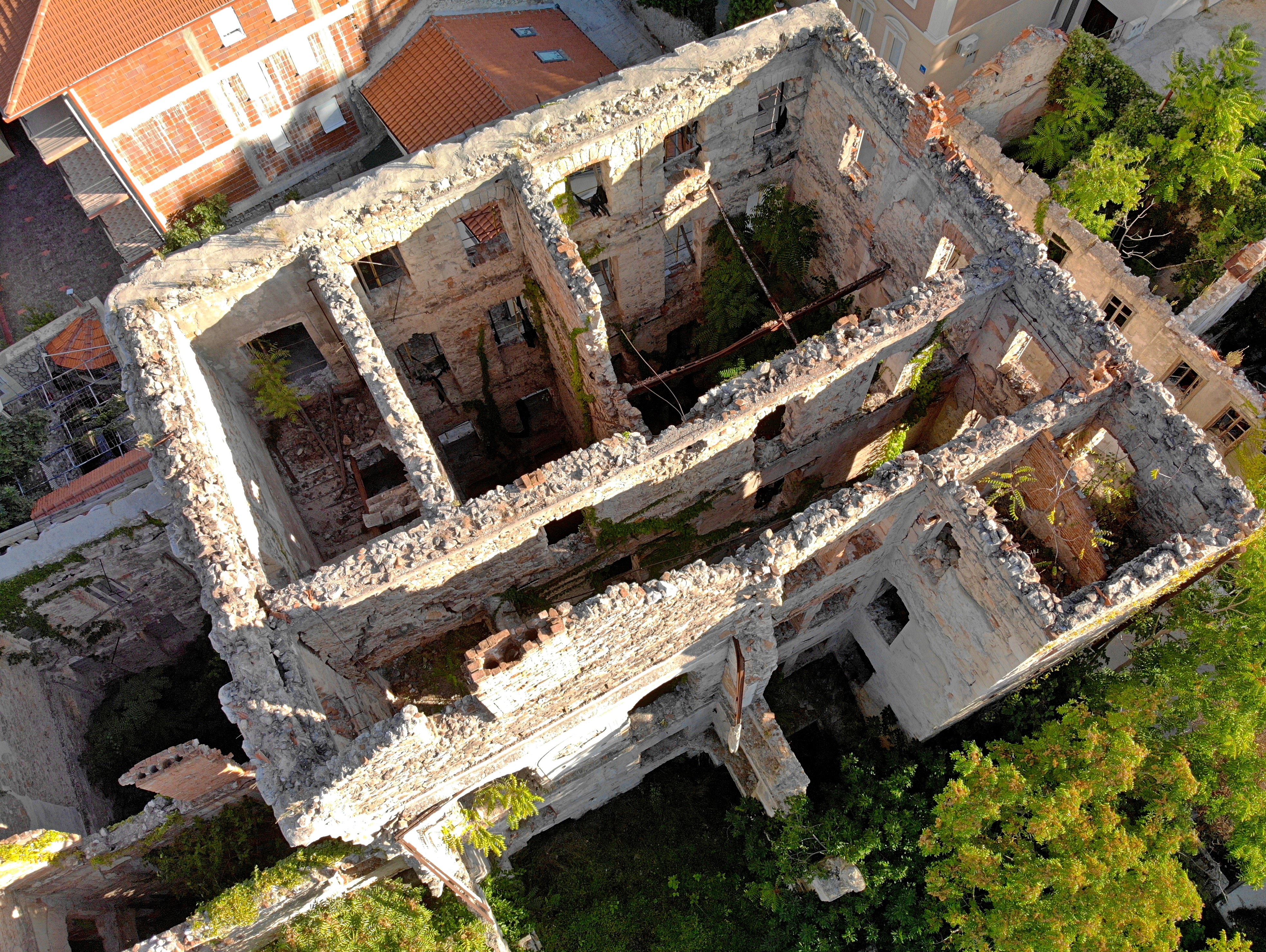 The view on the bombed building from the drone