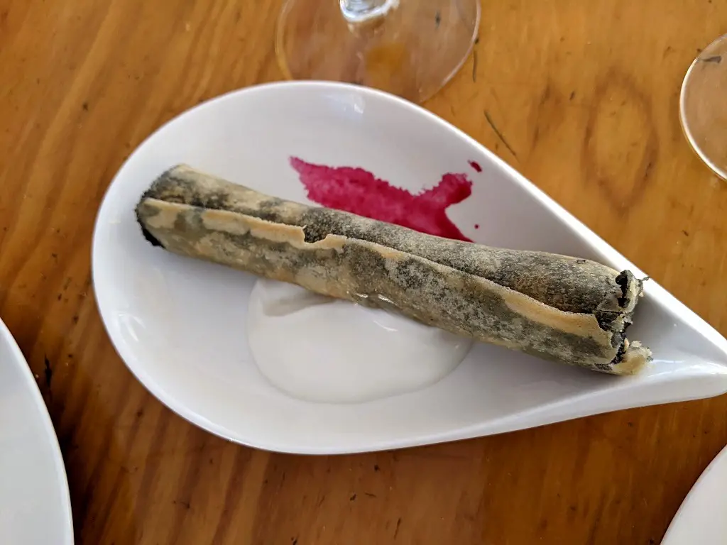 “A ciggar for Bequer” (cuttlefish and ink bechamel wrapped in thin pastry)