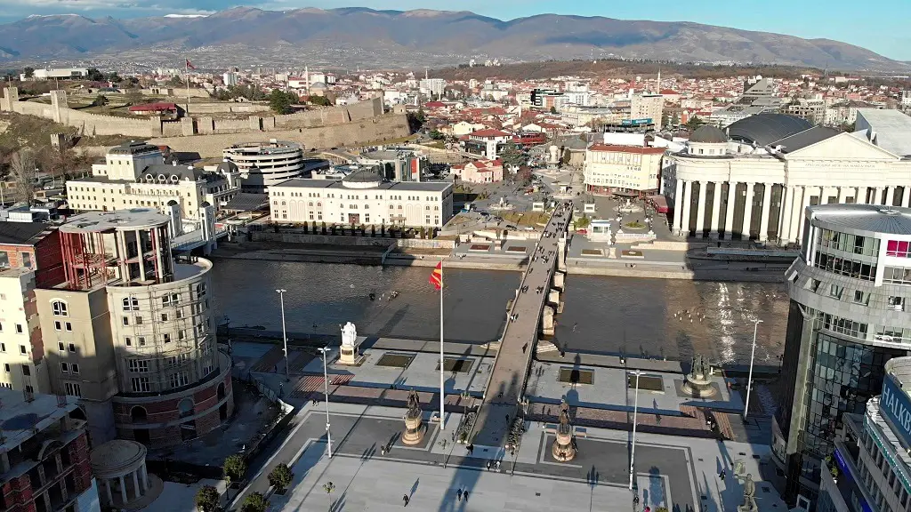 Drone picture of the stone bridge, Skopje